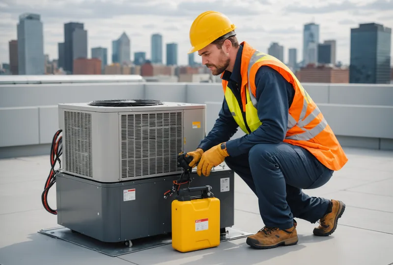 HVAC technician documenting a service call on a mobile device